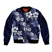 Hawaiian Hibiscus Tribal Floral Blue Sleeve Zip Bomber Jacket Polynesian Tapa Pattern - Polynesian Pride