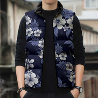 Hawaiian Hibiscus Tribal Floral Blue Sleeveless Puffer Jacket Polynesian Tapa Pattern - Polynesian Pride