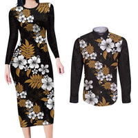 Hawaiian Hibiscus Tribal Floral Brown Couples Matching Long Sleeve Bodycon Dress and Long Sleeve Button Shirt Polynesian Tapa Pattern LT01 Brown - Polynesian Pride