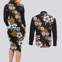 Hawaiian Hibiscus Tribal Floral Brown Couples Matching Long Sleeve Bodycon Dress and Long Sleeve Button Shirt Polynesian Tapa Pattern LT01 - Polynesian Pride