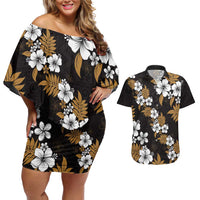 Hawaiian Hibiscus Tribal Floral Brown Couples Matching Off Shoulder Short Dress and Hawaiian Shirt Polynesian Tapa Pattern LT01 Brown - Polynesian Pride
