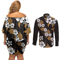 Hawaiian Hibiscus Tribal Floral Brown Couples Matching Off Shoulder Short Dress and Long Sleeve Button Shirt Polynesian Tapa Pattern LT01 - Polynesian Pride