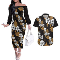 Hawaiian Hibiscus Tribal Floral Brown Couples Matching Off The Shoulder Long Sleeve Dress and Hawaiian Shirt Polynesian Tapa Pattern LT01 Brown - Polynesian Pride