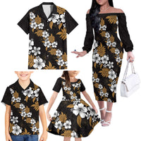 Hawaiian Hibiscus Tribal Floral Brown Family Matching Off The Shoulder Long Sleeve Dress and Hawaiian Shirt Polynesian Tapa Pattern LT01 - Polynesian Pride