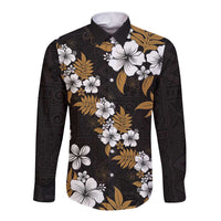 Hawaiian Hibiscus Tribal Floral Brown Long Sleeve Button Shirt Polynesian Tapa Pattern LT01 Unisex Brown - Polynesian Pride