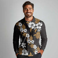 Hawaiian Hibiscus Tribal Floral Brown Long Sleeve Polo Shirt Polynesian Tapa Pattern LT01 - Polynesian Pride