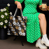 Hawaiian Hibiscus Tribal Floral Brown Tote Bag Polynesian Tapa Pattern - Polynesian Pride