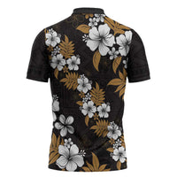 Hawaiian Hibiscus Tribal Floral Brown Zipper Polo Shirt Polynesian Tapa Pattern - Polynesian Pride