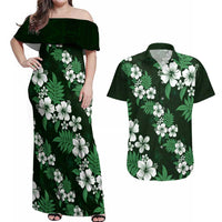 Hawaiian Hibiscus Tribal Floral Green Couples Matching Off Shoulder Maxi Dress and Hawaiian Shirt Polynesian Tapa Pattern - Polynesian Pride