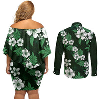 Hawaiian Hibiscus Tribal Floral Green Couples Matching Off Shoulder Short Dress and Long Sleeve Button Shirt Polynesian Tapa Pattern - Polynesian Pride