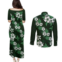 Hawaiian Hibiscus Tribal Floral Green Couples Matching Puletasi and Long Sleeve Button Shirt Polynesian Tapa Pattern - Polynesian Pride