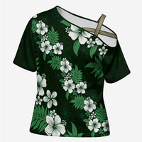 Hawaiian Hibiscus Tribal Floral Green Cross Shoulder Shirt Polynesian Tapa Pattern - Polynesian Pride