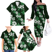 Hawaiian Hibiscus Tribal Floral Green Family Matching Off The Shoulder Long Sleeve Dress and Hawaiian Shirt Polynesian Tapa Pattern LT01 - Polynesian Pride