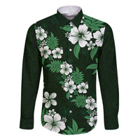 Hawaiian Hibiscus Tribal Floral Green Family Matching Off The Shoulder Long Sleeve Dress and Hawaiian Shirt Polynesian Tapa Pattern LT01 Dad's Shirt - Long Sleeve Green - Polynesian Pride