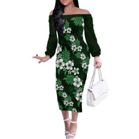 Hawaiian Hibiscus Tribal Floral Green Family Matching Off The Shoulder Long Sleeve Dress and Hawaiian Shirt Polynesian Tapa Pattern LT01 Mom's Dress Green - Polynesian Pride