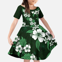 Hawaiian Hibiscus Tribal Floral Green Family Matching Short Sleeve Bodycon Dress and Hawaiian Shirt Polynesian Tapa Pattern LT01 Daughter's Dress Green - Polynesian Pride
