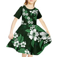 Hawaiian Hibiscus Tribal Floral Green Kid Short Sleeve Dress Polynesian Tapa Pattern - Polynesian Pride