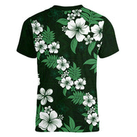Hawaiian Hibiscus Tribal Floral Green Women V-Neck T-Shirt Polynesian Tapa Pattern - Polynesian Pride