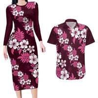 Hawaiian Hibiscus Tribal Floral Pink Couples Matching Long Sleeve Bodycon Dress and Hawaiian Shirt Polynesian Tapa Pattern - Polynesian Pride