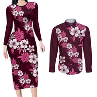 Hawaiian Hibiscus Tribal Floral Pink Couples Matching Long Sleeve Bodycon Dress and Long Sleeve Button Shirt Polynesian Tapa Pattern - Polynesian Pride