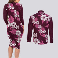 Hawaiian Hibiscus Tribal Floral Pink Couples Matching Long Sleeve Bodycon Dress and Long Sleeve Button Shirt Polynesian Tapa Pattern - Polynesian Pride