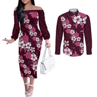 Hawaiian Hibiscus Tribal Floral Pink Couples Matching Off The Shoulder Long Sleeve Dress and Long Sleeve Button Shirt Polynesian Tapa Pattern - Polynesian Pride