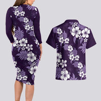 Hawaiian Hibiscus Tribal Floral Purple Couples Matching Long Sleeve Bodycon Dress and Hawaiian Shirt Polynesian Tapa Pattern - Polynesian Pride