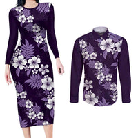 Hawaiian Hibiscus Tribal Floral Purple Couples Matching Long Sleeve Bodycon Dress and Long Sleeve Button Shirt Polynesian Tapa Pattern - Polynesian Pride