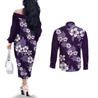Hawaiian Hibiscus Tribal Floral Purple Couples Matching Off The Shoulder Long Sleeve Dress and Long Sleeve Button Shirt Polynesian Tapa Pattern - Polynesian Pride
