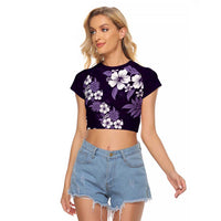 Hawaiian Hibiscus Tribal Floral Purple Raglan Cropped T Shirt Polynesian Tapa Pattern - Polynesian Pride