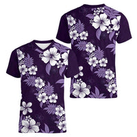 Hawaiian Hibiscus Tribal Floral Purple Women V-Neck T-Shirt Polynesian Tapa Pattern - Polynesian Pride