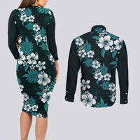 Hawaiian Hibiscus Tribal Floral Teal Couples Matching Long Sleeve Bodycon Dress and Long Sleeve Button Shirt Polynesian Tapa Pattern - Polynesian Pride