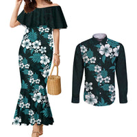 Hawaiian Hibiscus Tribal Floral Teal Couples Matching Mermaid Dress and Long Sleeve Button Shirt Polynesian Tapa Pattern - Polynesian Pride