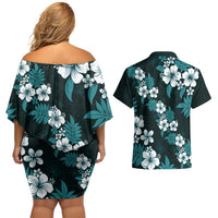Hawaiian Hibiscus Tribal Floral Teal Couples Matching Off Shoulder Short Dress and Hawaiian Shirt Polynesian Tapa Pattern - Polynesian Pride