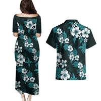 Hawaiian Hibiscus Tribal Floral Teal Couples Matching Puletasi and Hawaiian Shirt Polynesian Tapa Pattern - Polynesian Pride