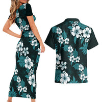 Hawaiian Hibiscus Tribal Floral Teal Couples Matching Short Sleeve Bodycon Dress and Hawaiian Shirt Polynesian Tapa Pattern - Polynesian Pride