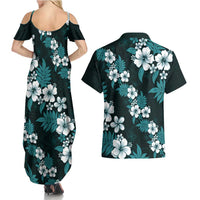 Hawaiian Hibiscus Tribal Floral Teal Couples Matching Summer Maxi Dress and Hawaiian Shirt Polynesian Tapa Pattern - Polynesian Pride
