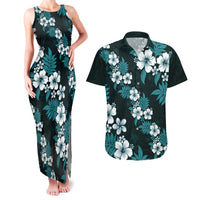 Hawaiian Hibiscus Tribal Floral Teal Couples Matching Tank Maxi Dress and Hawaiian Shirt Polynesian Tapa Pattern - Polynesian Pride