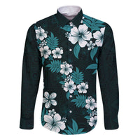 Hawaiian Hibiscus Tribal Floral Teal Family Matching Off The Shoulder Long Sleeve Dress and Hawaiian Shirt Polynesian Tapa Pattern LT01 Dad's Shirt - Long Sleeve Teal - Polynesian Pride