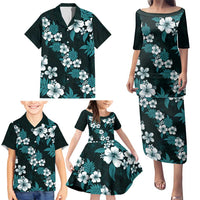 Hawaiian Hibiscus Tribal Floral Teal Family Matching Puletasi and Hawaiian Shirt Polynesian Tapa Pattern LT01 - Polynesian Pride