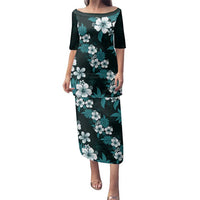 Hawaiian Hibiscus Tribal Floral Teal Family Matching Puletasi and Hawaiian Shirt Polynesian Tapa Pattern LT01 Mom's Dress Teal - Polynesian Pride