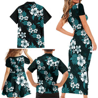 Hawaiian Hibiscus Tribal Floral Teal Family Matching Short Sleeve Bodycon Dress and Hawaiian Shirt Polynesian Tapa Pattern LT01 - Polynesian Pride