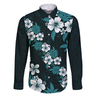 Hawaiian Hibiscus Tribal Floral Teal Family Matching Short Sleeve Bodycon Dress and Hawaiian Shirt Polynesian Tapa Pattern LT01 Dad's Shirt - Long Sleeve Teal - Polynesian Pride
