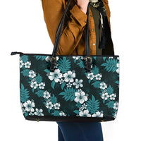 Hawaiian Hibiscus Tribal Floral Teal Leather Tote Bag Polynesian Tapa Pattern - Polynesian Pride
