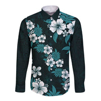 Hawaiian Hibiscus Tribal Floral Teal Long Sleeve Button Shirt Polynesian Tapa Pattern LT01 Unisex Teal - Polynesian Pride