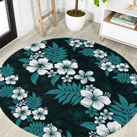 Hawaiian Hibiscus Tribal Floral Teal Round Carpet Polynesian Tapa Pattern - Polynesian Pride