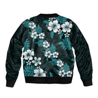 Hawaiian Hibiscus Tribal Floral Teal Sleeve Zip Bomber Jacket Polynesian Tapa Pattern - Polynesian Pride
