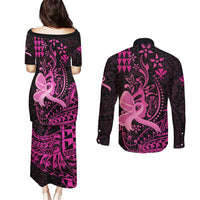Hawaii Breast Cancer Couples Matching Puletasi and Long Sleeve Button Shirt Girl Floral Kakau Pattern