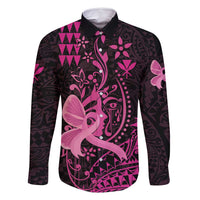 Hawaii Breast Cancer Family Matching Off Shoulder Maxi Dress and Hawaiian Shirt Girl Floral Kakau Pattern