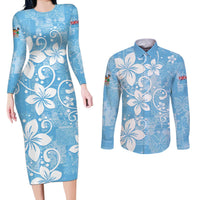 Fiji Tapa Pattern Couples Matching Long Sleeve Bodycon Dress and Long Sleeve Button Shirt Plumeria Floral LT01 Blue - Polynesian Pride